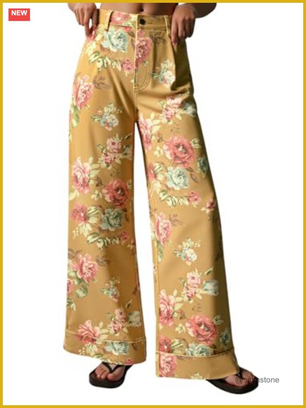 High Waisted Floral Baggy Wide Leg Jeans Cotton Blend Denim Boho